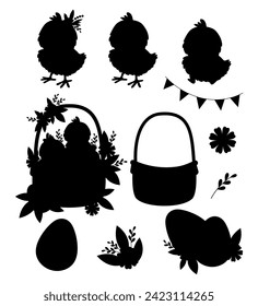 Colección Silhouette Easter. Pequeños pollos, canasta, huevos, flores y guirnaldas. Símbolos de dibujo negro de vacaciones aislados sobre fondo blanco. Ilustración vectorial. Colección para niños.