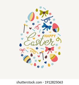 The silhouette of an Easter egg made of bows, ribbons, flowers, hearts, magic wands, decorated Easter eggs. In the center of lettering happy Easter.