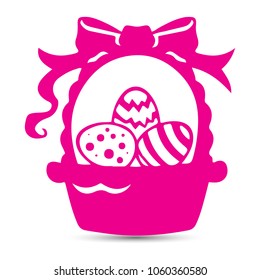 Silhouette of easter pink basket with ribbon filled with easter eggs, on white background, vector