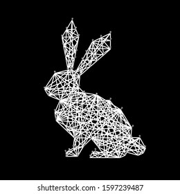 Silhouette Of Easter Rabbit Bunny, Side View, Black And White. Nail Thread String Art Design