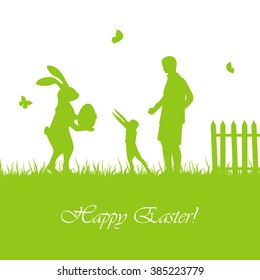 Silhouette of Easter rabbit with egg and child with father, illustration.