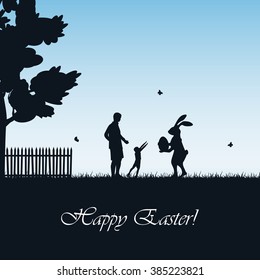 Silhouette of Easter rabbit with eggs and child with father on blue background, illustration.