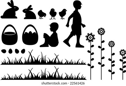 silhouette of easter scene with elements like a boy up and seat, eggs, spring flowers, rabbits, chicken and a basket with easter eggs