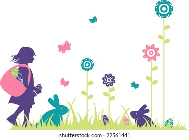 silhouette of easter scene with elements like a girl, eggs, spring flowers, rabbits, butterflies and a basket with easter eggs