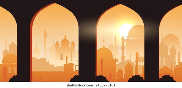 Silhouette of an Eastern cityscape with mosques and minarets, vector illustration on a warm sunset background, concept of travel or culture. Vector illustration