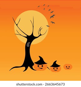 Una silueta de un árbol de ébano sobre un fondo naranja con una Grande luna amarilla, calabazas en sombreros y murciélagos. Concepto de Halloween