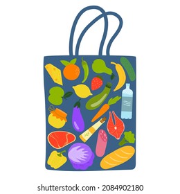 Silhouette of eco bags with different food items inside. Vector illustration isolated on white background