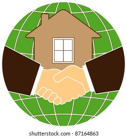silhouette eco planet and house with handshake