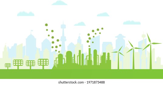 Silhouette of ecological city. Environmentally friendly production. Green energy with wind energy and solar panels. Concept of environment conservation. Vector illustration.