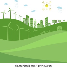 Silhouette of ecological city. Green energy with wind energy and solar panels. Concept of environment conservation. Vector illustration.