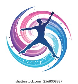 Silhouette of a Ecstatic Dancing Figure with Colorful Abstract Swirls - Vector