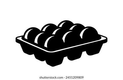 Silhouette of egg carton with eggs. Black and white egg box graphic illustration. Icon, sign, pictogram. Concept of food storage, kitchen essentials, grocery items. Isolated on white surface