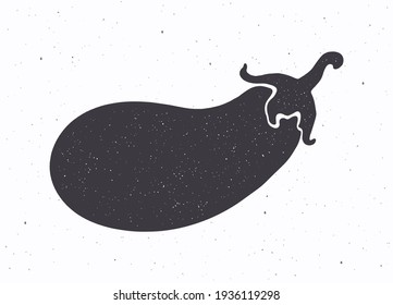 Silhouette of eggplant with a stem. Vector illustration. Ingredient for vegetable salad. Healthy vegetarian food. Clipart for packaging, label, menu or showcase. Isolated on white background