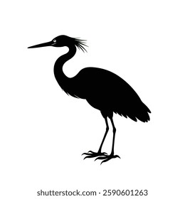 a silhouette of an egret bird, elegantly standing on slender legs with its long neck arched