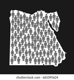 Silhouette Of Egypt With Symbols Of Man. Human Overpopulation In Egyptian State - Crowded Area, Uncontrolled Birth Rate, Overcrowded Population And Demographic Increase Of Inhabitation