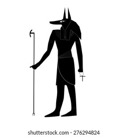 Silhouette Egyptian god Anubis with his staff and the mascot