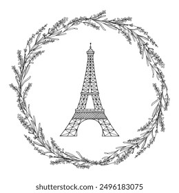 Silhouette of Eiffel Tower in center of lavender frame vector hand drawn doodle illustration. Symbol of Paris and France. Vintage wreath drawing painted by black inks for icon, logo or design