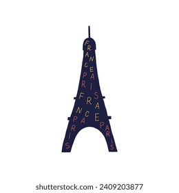 Silhouette de la Torre Eiffel llena de frases Francia París. Turismo de viajes Enroute France. Ilustración vectorial dibujada a mano