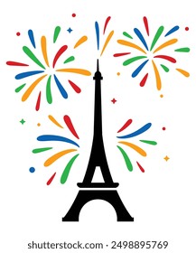 Silhouette eiffel tower and fireworks celebration happy bastille day flat design vector illustration