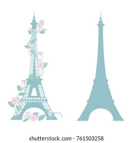 silhouette Eiffel tower and with floral around the tower in blue color symbol of Paris, France. white background. vector illustration. 