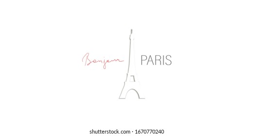 Silhouette of Eiffel tower. Good afternoon in French. Paper cut style, handwritten text. Vector