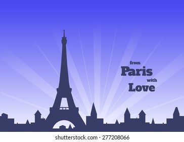silhouette of Eiffel tower, old town and flock of birds on delicate blue and pink background with inscription,  vector illustration