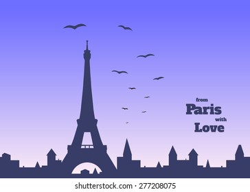 silhouette of Eiffel tower, old town and flock of birds on delicate blue and pink background with inscription,  vector illustration