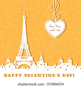 silhouette of Eiffel tower, old town, heart, abstract golden valentine background, inscription "from Paris with love",  vector illustration 