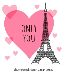 The silhouette of the Eiffel tower on the background of pink hearts. Valentines day greeting card. Vector illustration.