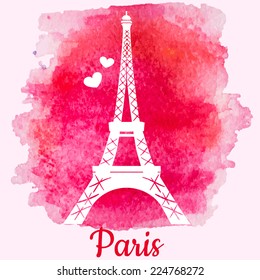 Silhouette Of Eiffel Tower On The Pink Watercolor Background