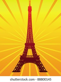 silhouette of the Eiffel Tower on the radiant orange background
