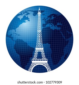 silhouette eiffel tower over blue planet isolated. vector illustration