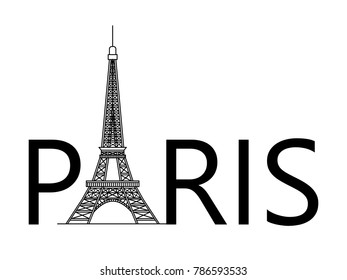 silhouette of the Eiffel tower and Paris text, on a white background