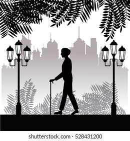 silhouette elder man walk stick park twon background