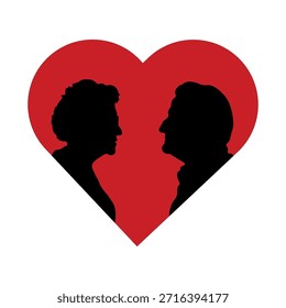 Silueta de una pareja de ancianos frente a frente dentro de un corazón rojo. Concepto de amor mayor, relación de por vida, matrimonio, valores familiares y conexión emocional. Ideal para el día de San Valentín, aniversarios de bodas, tarjetas de felicitación, campañas sociales, atención médica, Asistencia senior y diseños de temática familiar.