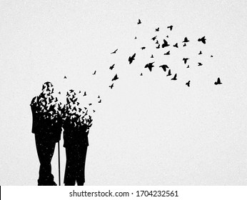 Silhouette of elderly couple and flying birds. Conceptual vector illustration about loss of loved one, human aging and death. Sad mystical background for design, prints, covers, t-shirts