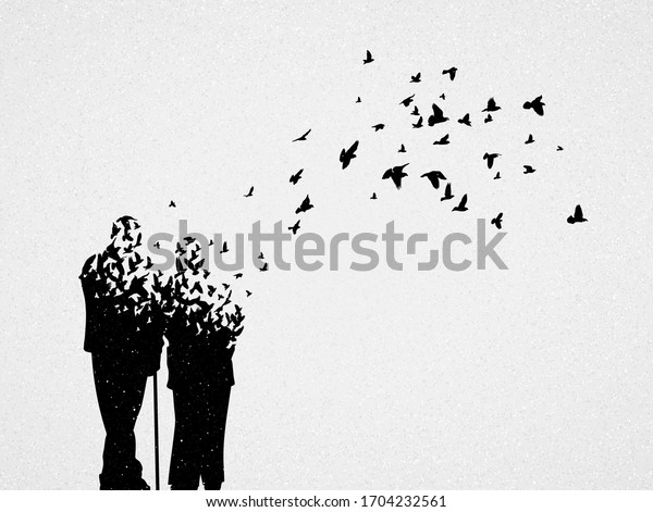 Silhouette of elderly couple and flying birds.\
Conceptual vector illustration about loss of loved one, human aging\
and death. Sad mystical background for design, prints, covers,\
t-shirts