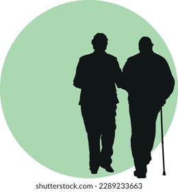 Silhouette of elderly couple on green circular background