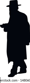 Silhouette of an elderly Jewish man in a hat. Religious Jews in a traditional costume. Hasid with sidelocks near the wall. Isolated vector illustration. Black on white.