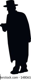 Silhouette of an elderly Jewish man in a hat. Religious Jews in a traditional costume. Hasid with sidelocks and a beard in a long frock coat. Isolated vector illustration. Black on white.