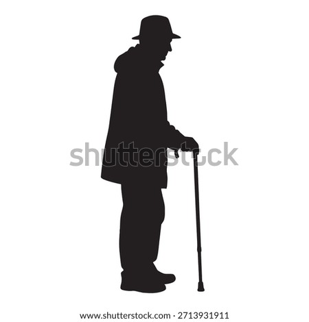 Silhouette of elderly man with cane walking for old age care and support. Senior citizen illustration for health and mobility assistance on white background.
