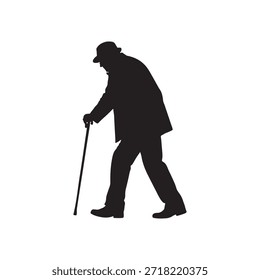 Silhouette of an elderly man in a hat and coat walking with a cane person