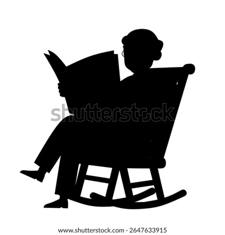 Silhouette of an elderly man reading a newspaper while sitting on a rocking chair. Simple black figure design, ideal for senior life, relaxation, or retirement themes