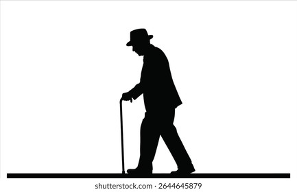 Silhouette of elderly man walking with cane