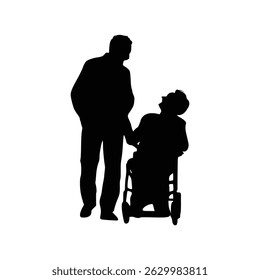 Silhouette of elderly man walking with wheelchair