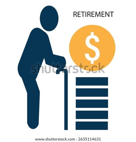 Silhouette of an elderly person with a cane, symbolizing retirement. A large, gold circle with a white dollar sign represents financial aspects