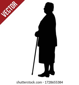 Silhouette of a elderly woman with cane on a white background, vector illustration