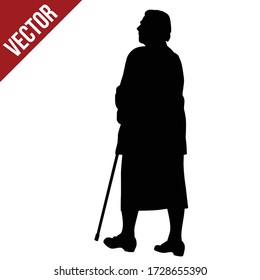 Silhouette of a elderly woman with cane on a white background, vector illustration