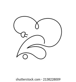 Silhouette of an electric car in the form of a leaf with an electric plug in the style of line art. Car in the form of a leaf of a tree. Environmental Protection. Vector isolated.