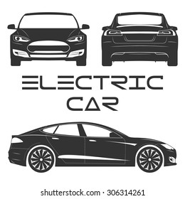 Silhouette Of Electric Car. Front View. Back View. Side View. 